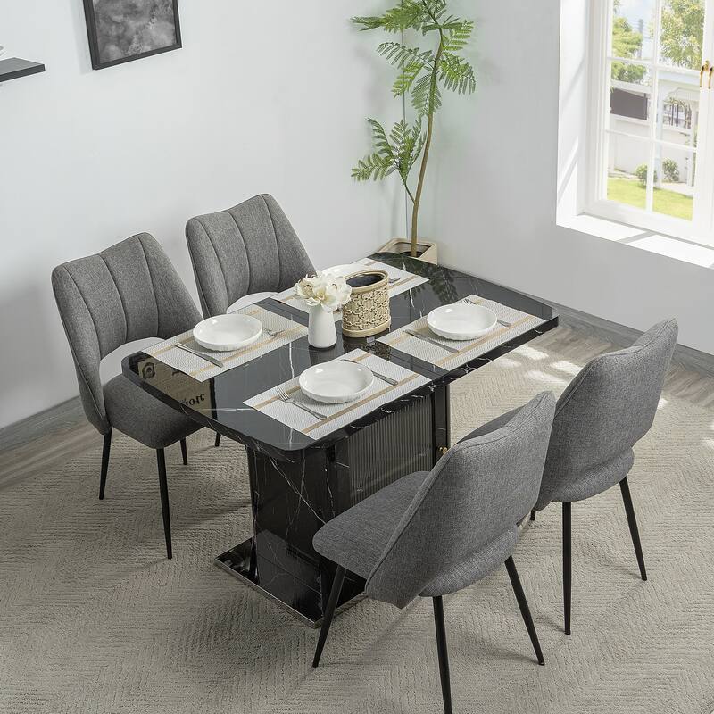 47.24"-63"Modern Rectangle Dining Table, Stretchable, with Printed Black Marble Table Top+Storage Cabinet Table Leg