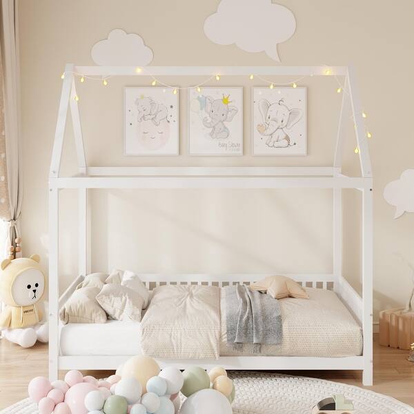 slide 2 of 16, Full Size Wood House Bed w/Window, Fence, LED Lights, Guardrails White