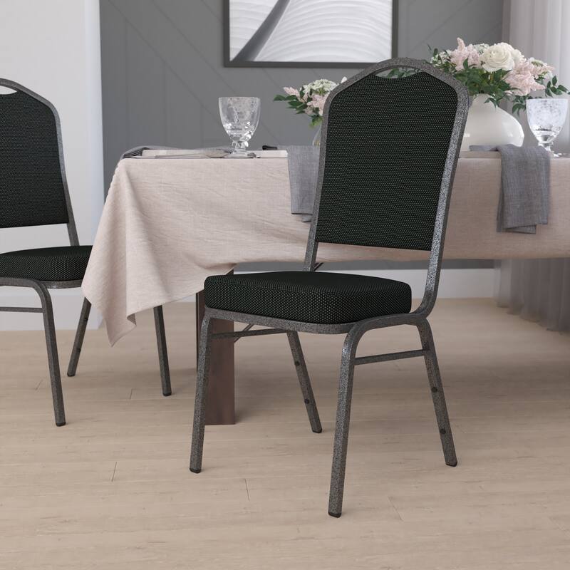 Crown Back Stacking Banquet Chair - Black Dot Patterned Fabric/Silver Vein Frame