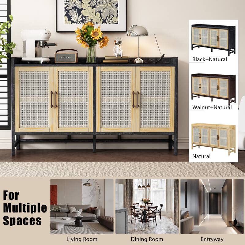 Rectangular Sideboard with 4 Decorative Rattan Doors