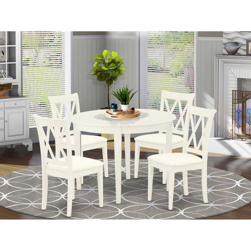 5 Piece Dinette Set - Round Kitchen Table & 4 Dining Chairs - 42 Inch - Linen White