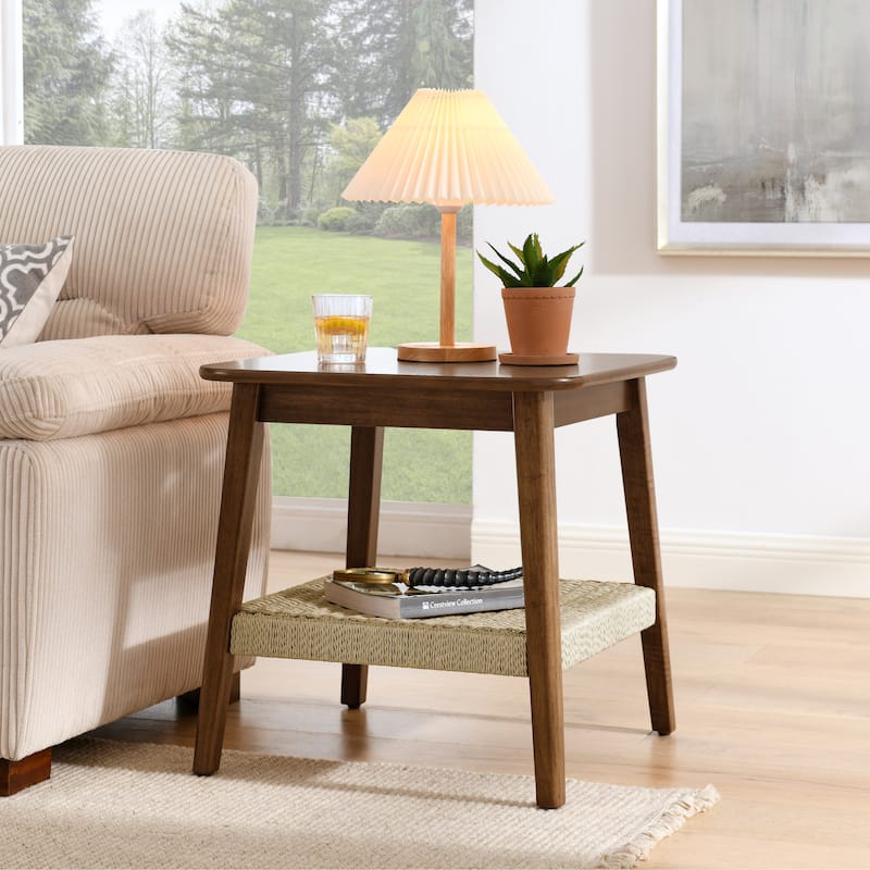 23" Mid-Century Side Table with Woven Shelf