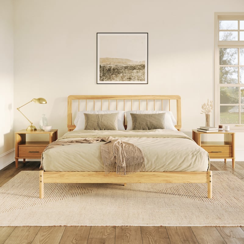 King Size Solid Pine Platform Bed with Center Support and No Box Spring Needed