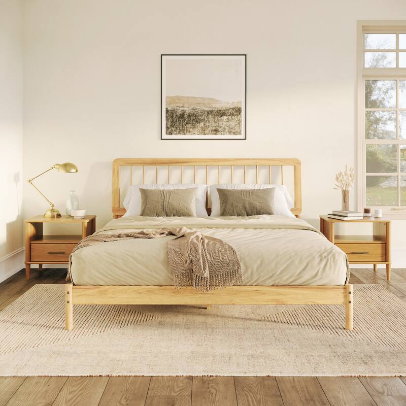 Solid Wood King Size Bed Frame with Mid-Century Modern Style and Slat-Back Design - Easy Assembly