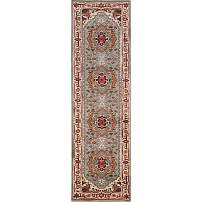 Geometric Heriz Serapi Indian Runner Rug Hand-Knotted Wool Carpet - 2'6" x 10'2"
