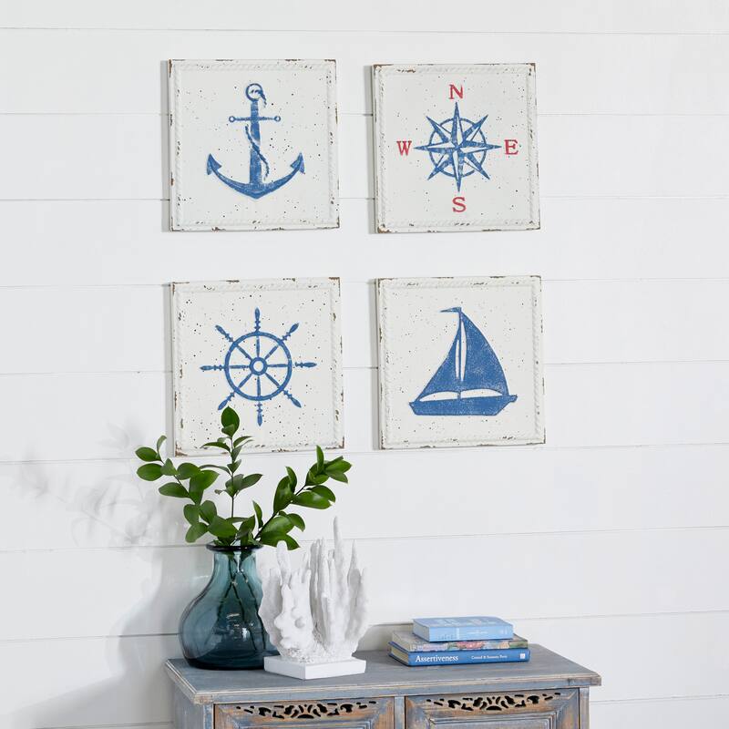 Cream Metal Speckled Sail Boat Home Wall Decor with Anchor, Compass, and Ship Wheel (Set of 4)