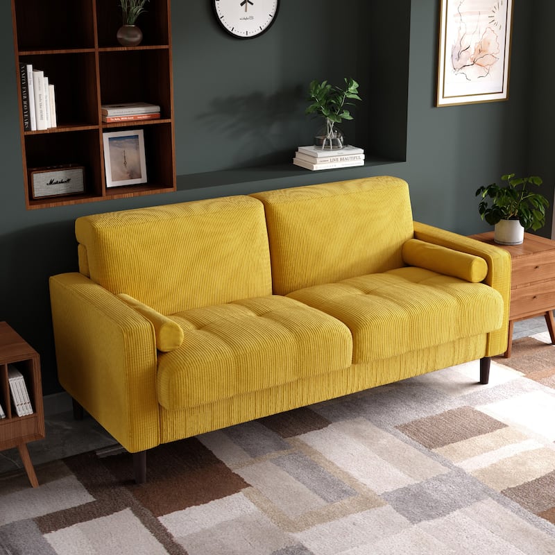 Modern Corduroy Upholstered 2 Seater Sofa with Bolster Pillows