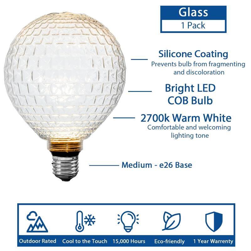 Festive Living LED G125 + COB Bulb Indoor/Outdoor Covered Edison Bulbs, E26 Base - Celeste Glow - Large