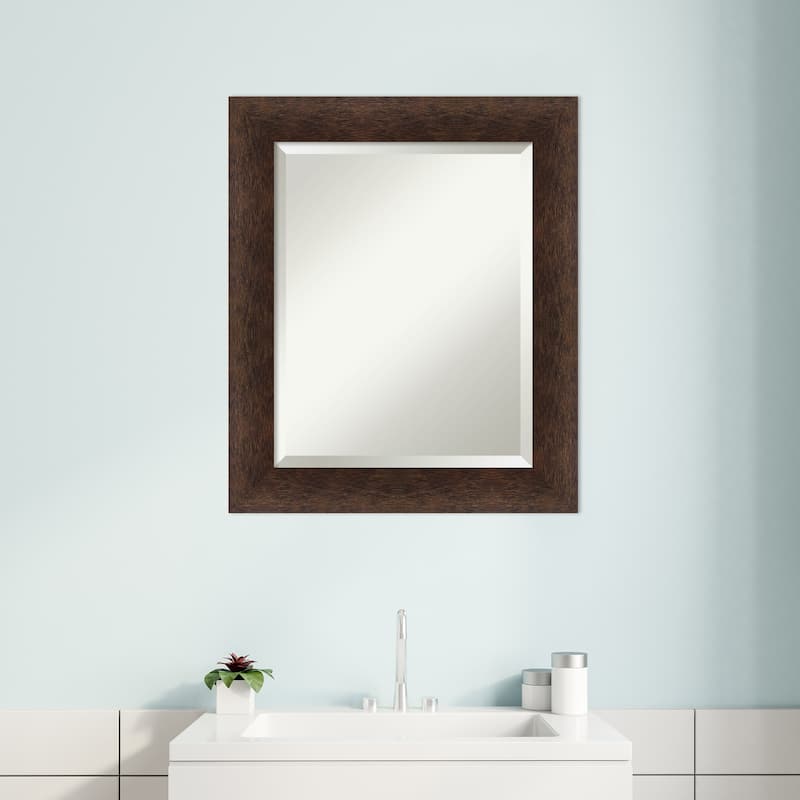 Warm Walnut Beveled Wood Framed Bathroom Vanity Wall Mirror - Warm Walnut