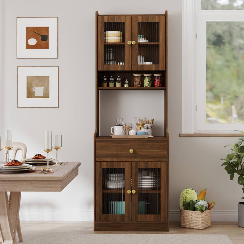 Roomfitters Kitchen Pantry Hutch Cabinet, Tall Farmhouse Buffet with Microwave Stand and Storage Shelves, Walnut Brown
