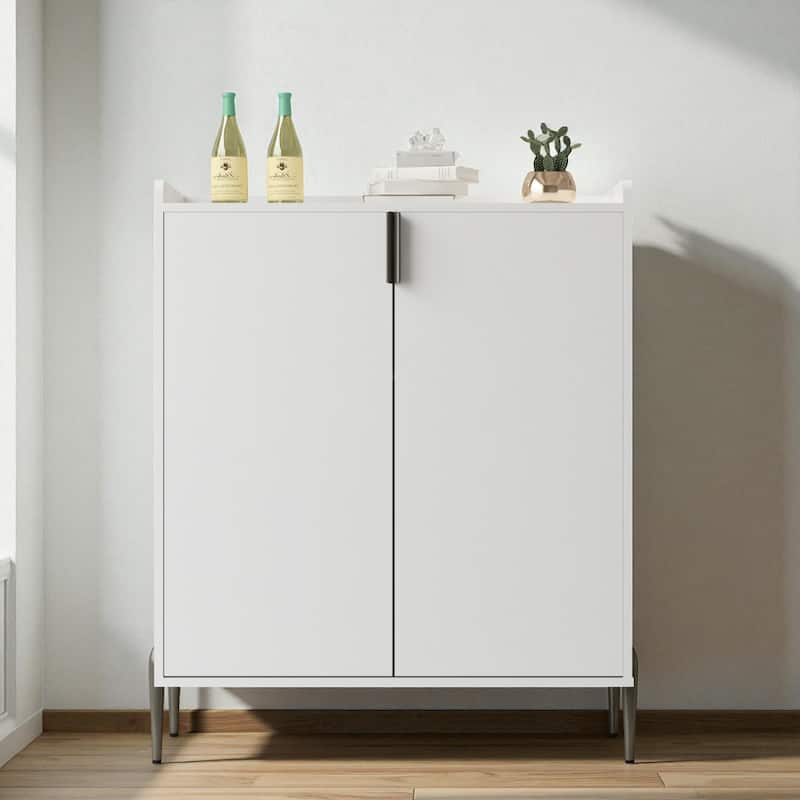 Modern 2-Door Wine Bar Cabinet with Bottle Storage Rack and Adjustable Shelf, Buffet Sideboard for Kitchen or Coffee Bar - White