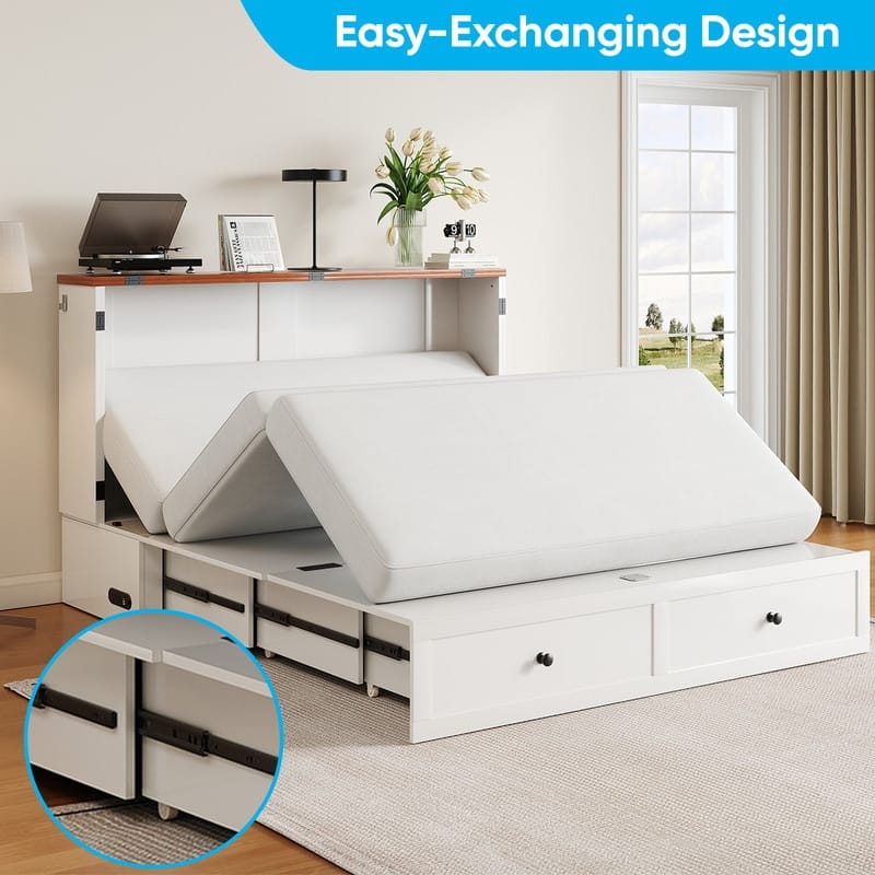 Mixoy Modern Full/Queen Size Murphy Bed Chest with Mattress and Storage