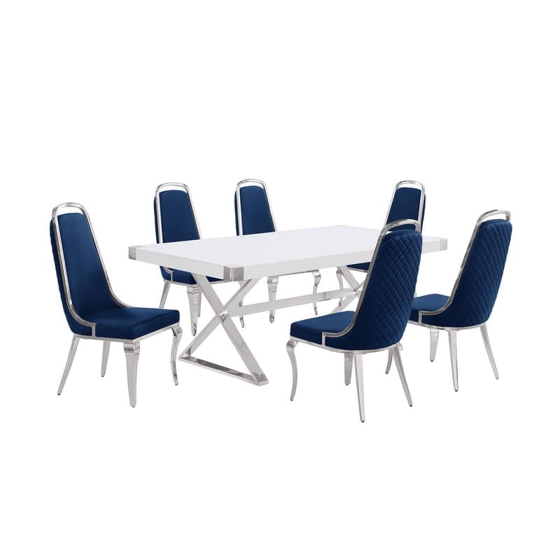 Best Quality Furniture D440/1-SC310-7 Dining Set with 78" White Lacquer Wood Top