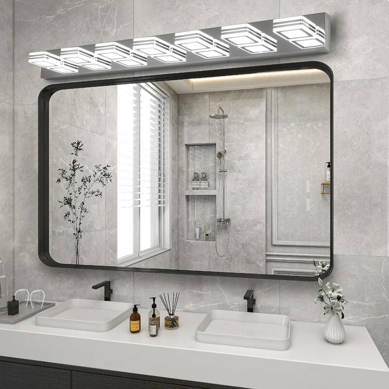 45" Modern 7-Light LED Vanity Light, Square Acrylic Lampshades Wall Mount Fixture for Bathroom, Mirror Lighting