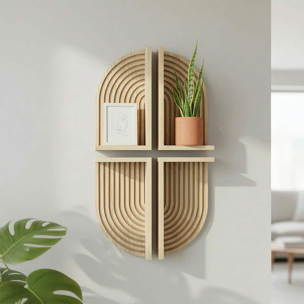 Natural Boho Arched Lunar Ledges 4 Piece Wood Floating Wall Shelf with Fluted Design - 6" H x 12" L x 4.75" D