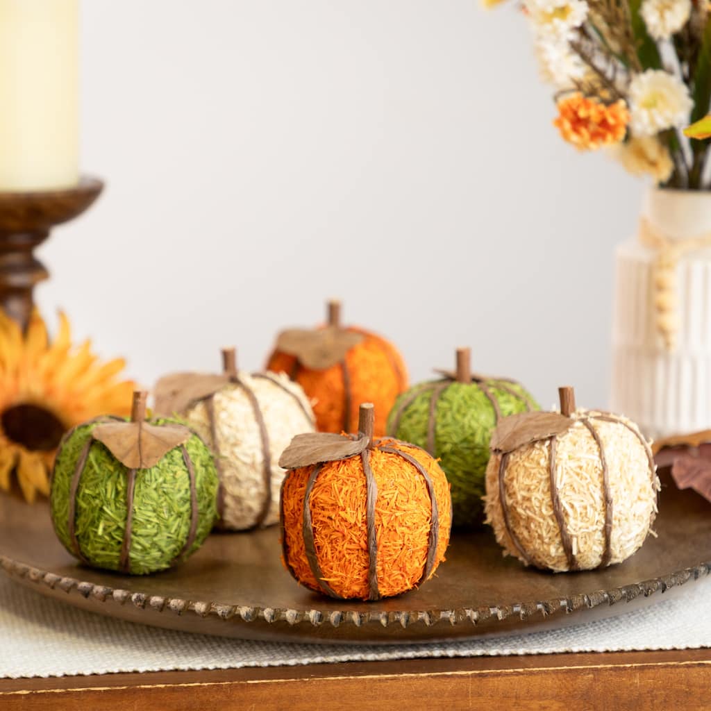 Textured Shredded Wood Pumpkin Fall Harvest Decorations- 3.5" - Orange and Green - Set of 6
