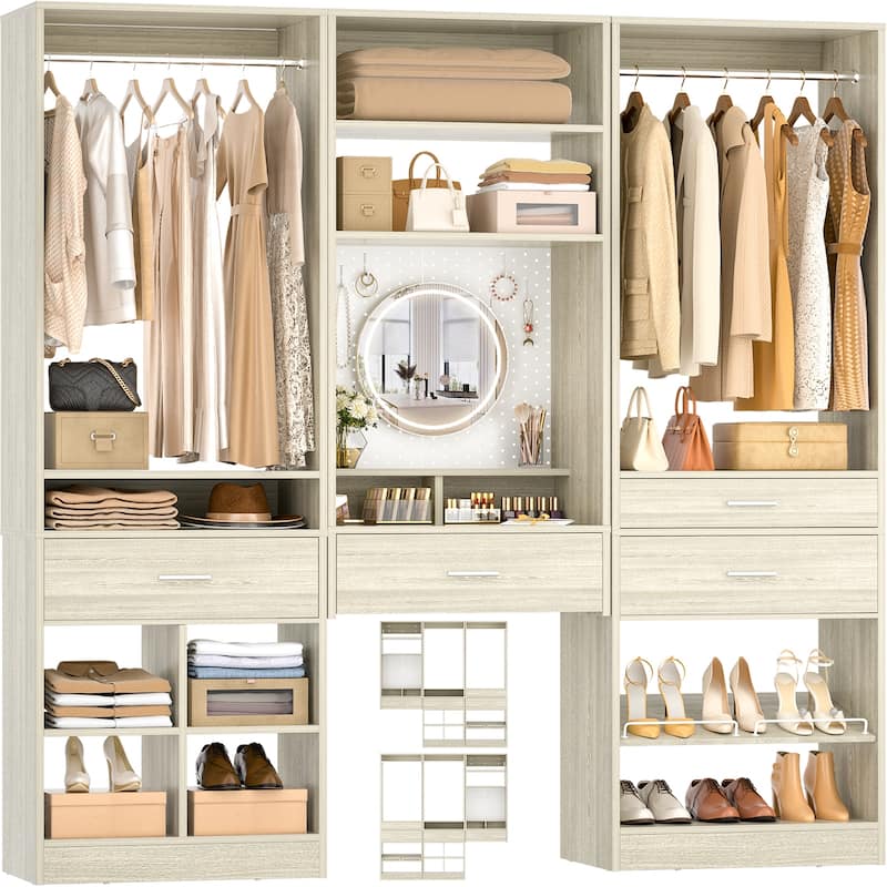 Set of 3 75'' Closet System with Metal Pegboard ＆ Shoe Rack ＆ Hanging Rods ＆ 4 Drawers, Space-saving Walk-in Closet Organizer