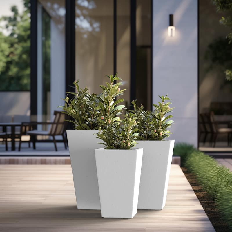 Tall Concrete Rectangle Plant Boxes / Large Indoor and Outdoor Flower Planters - 3 Piece Set (24.5, 18.5, 16 Inch High) - Crisp White
