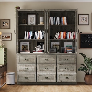 6-Shelves Adjustable Bookshelf Oak Display Bookcase with 9 Drawers