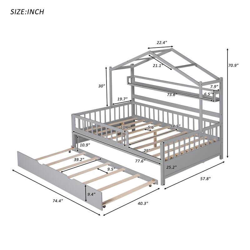 Cute Wooden Twin or Full House Bed with Trundle, Kids Bed Wood Platform Bed Frame with Safety Guardrail & Storage Shelf