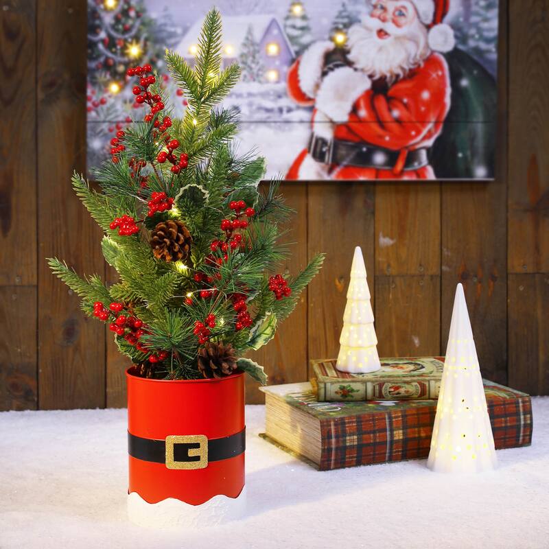 Glitzhome 22"H Lighted Santa Belt Potted Christmas Table Tree