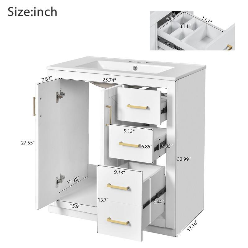30''Bathroom Vanity with Ceramic Sink Combo,Freestanding Vanity Set with 3 Drawers& Soft Closing Doors