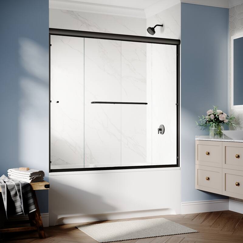 Elegant Double Sliding Shower Door in Matte Black Finish with 1/4 inch Clear Shower Tempered Glass Panel Tub Door