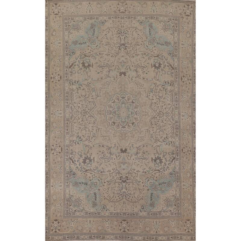 Hand Knotted Oriental 100% Wool Carpet Traditional Floral Beige & Ivories Tabriz Area Rug - 9' 5'' X 6' 2''