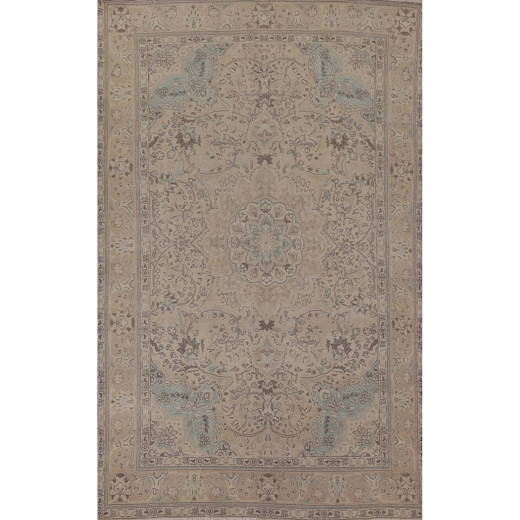 Hand Knotted Oriental 100% Wool Carpet Traditional Floral Beige & Ivories Tabriz Area Rug - 9' 5'' X 6' 2''