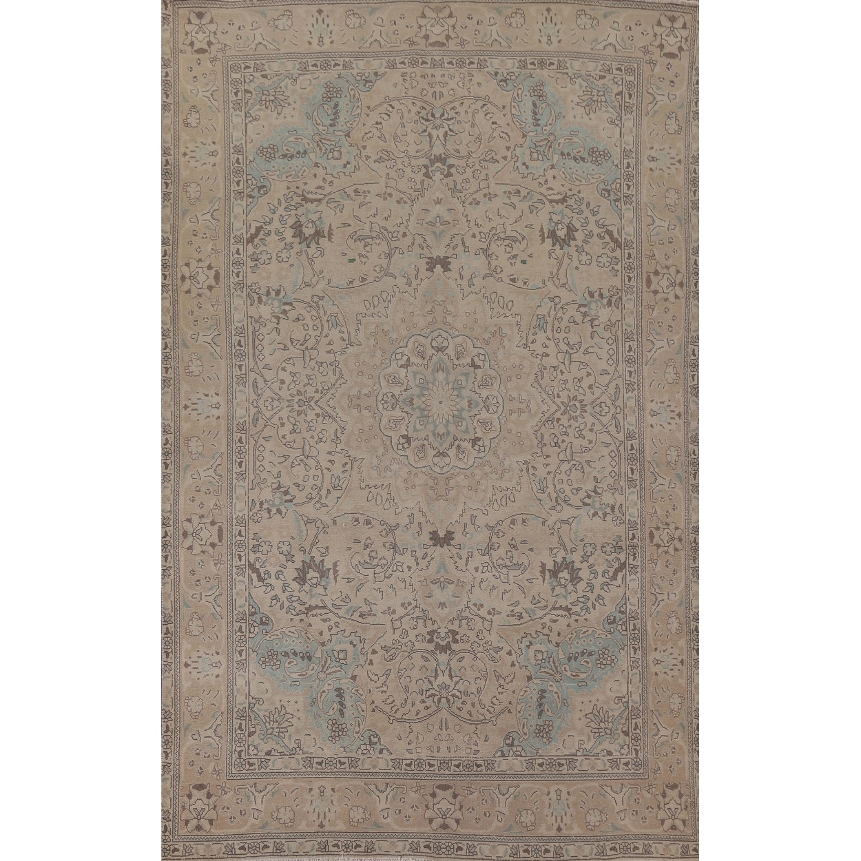 Hand Knotted Oriental 100% Wool Carpet Traditional Floral Beige & Ivories Tabriz Area Rug - 9' 5'' X 6' 2''