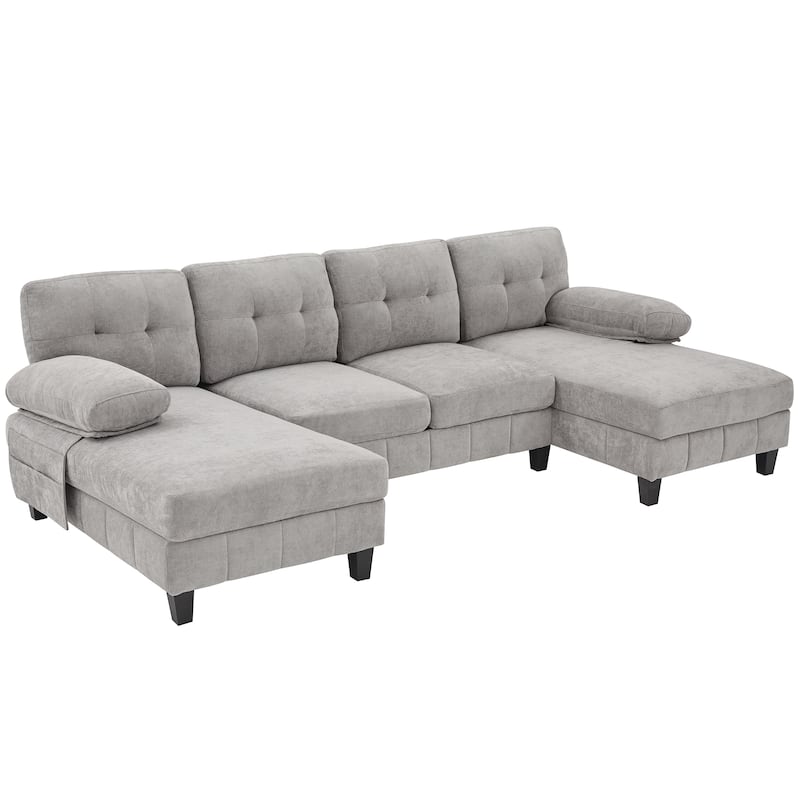 Roomfitters U-Shaped Chenille Sectional Sofa with Dual Chaises, Armrest Pillows and Storage Pockets for Living Room