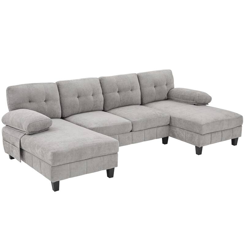 U-Shaped Modular Sectional Sofa with Dual Chaise Lounges, Chenille Fabric Cloud Couch with Storage Pockets & Armrest Pillows