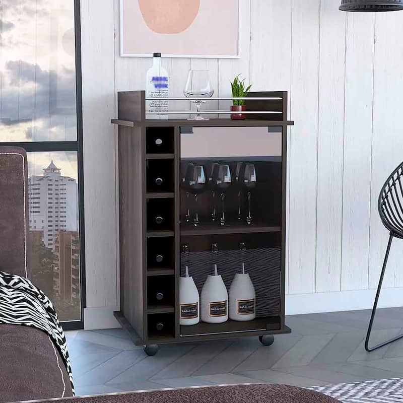 Sleek Bar Cart with Glass Door, Six Wine Cubbies, Locking Casters, Top Shelf - Carbon Espresso