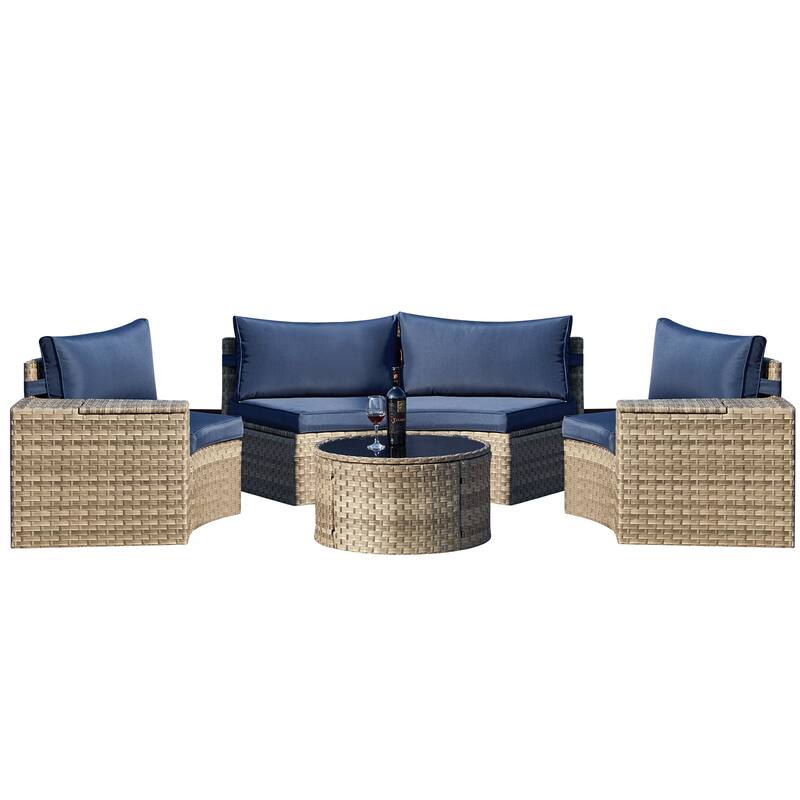 AVAWING 7 Pieces Half Moon Patio Conversation Set PE Wicker Sectional Sofa