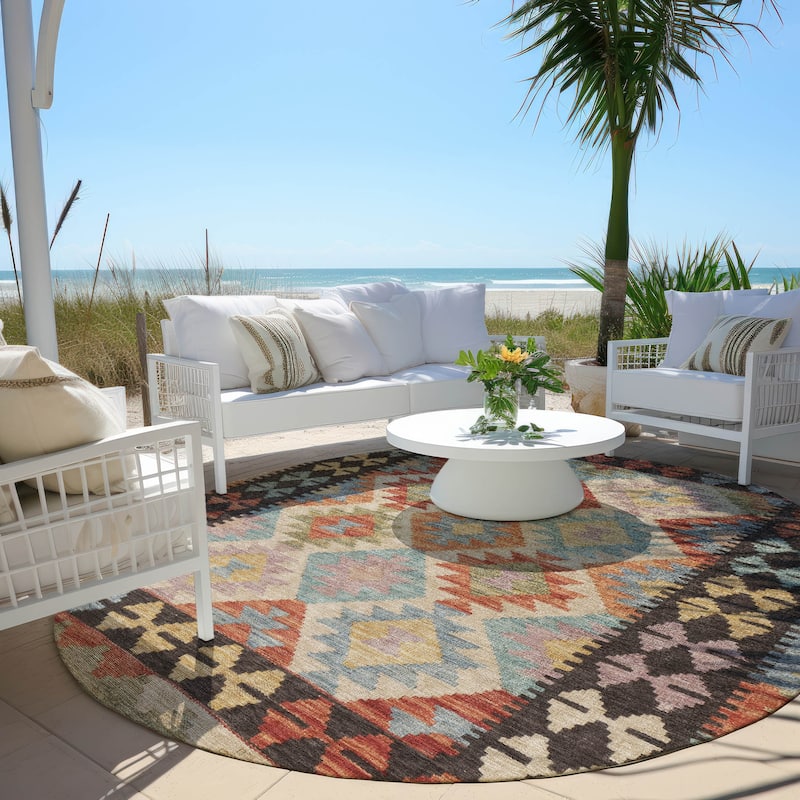 Machine Washable Indoor/ Outdoor Boho Global Chantille Rug - Paprika - 8' x 8' - Round