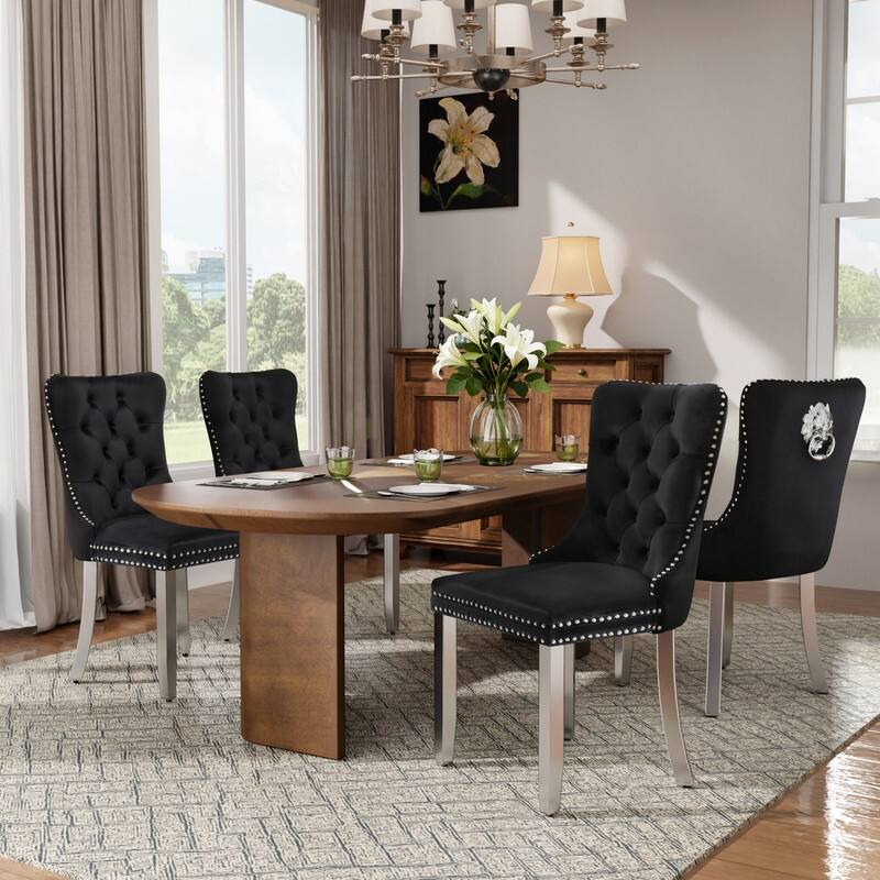 High-end Tufted Velvet Upholstered Nailhead Dining Chair Set of 4 - Black Sliver