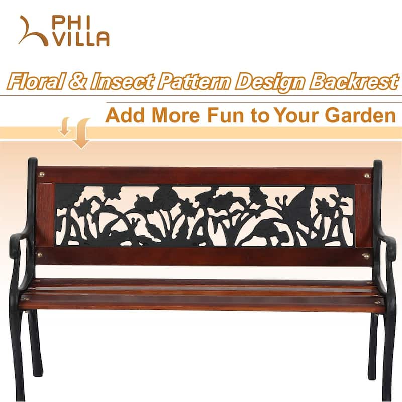 MAISON ARTS Outdoor Garden Bench for Children, 33'' L Metal Bench with Wood Seating & Floral Pattern Back