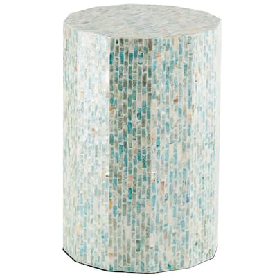 Mother of Pearl Shell Handmade Mosaic Inlay Drum Side End Accent Table - Blue - Roche River Decor