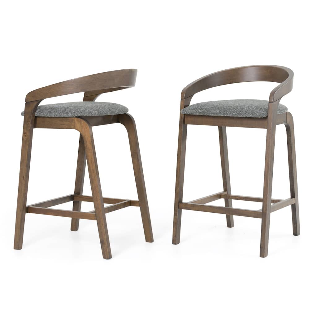 Cid Lenn Counter Stool Chair Set of 2, Gray Fabric, Curved Brown Rubberwood