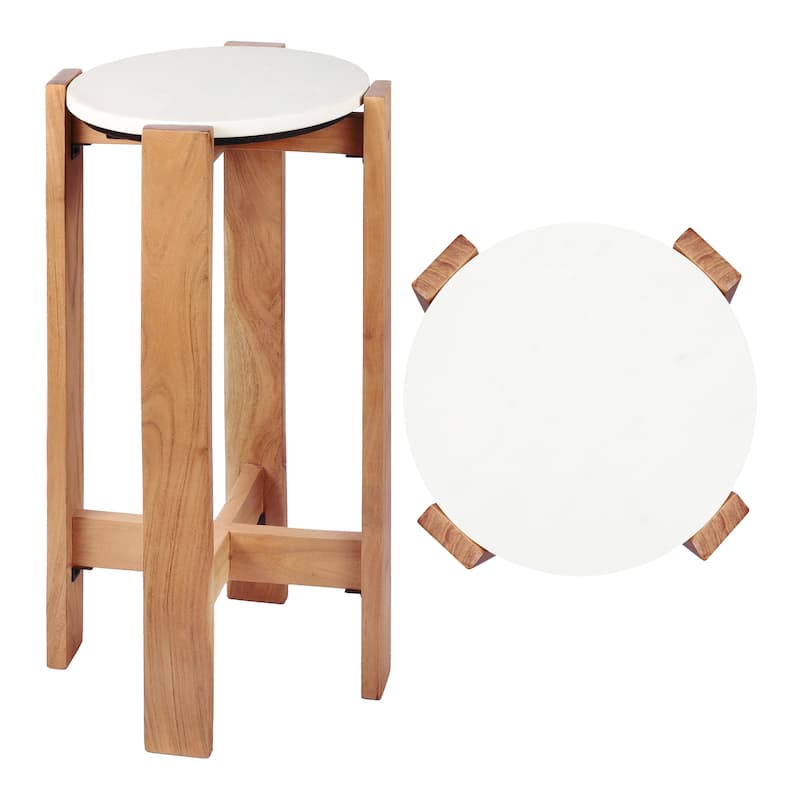 JONATHAN Y Elena 24″ Minimalist Structured Wood Drink & End Table, White Marble Round Top