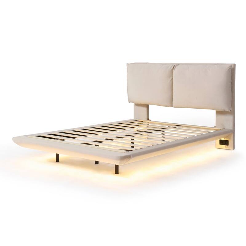 Full Velvet Floating Platform Bed with Sensor Light