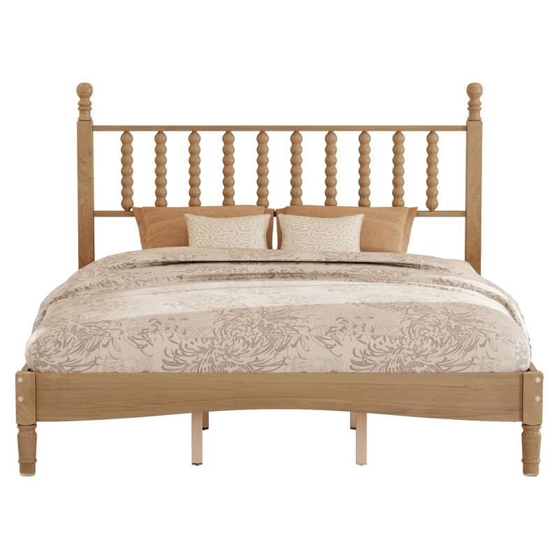 Natural Wood Queen Platform Bed with Curved Gourd Headboard, Vintage-Inspired Frame with Sturdy Slat Support