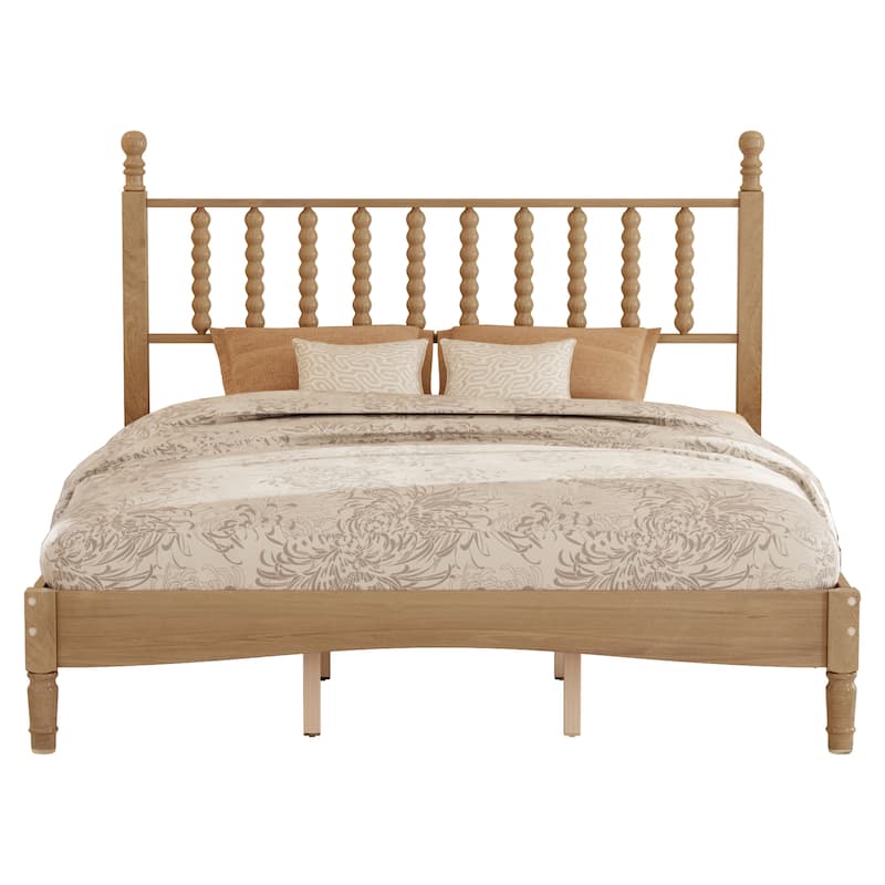Queen Size Platform Bed Mid Century Concise Bed Frame with Wood Slats and Multi-Center Support Legs, Gourd Shaped Headboard