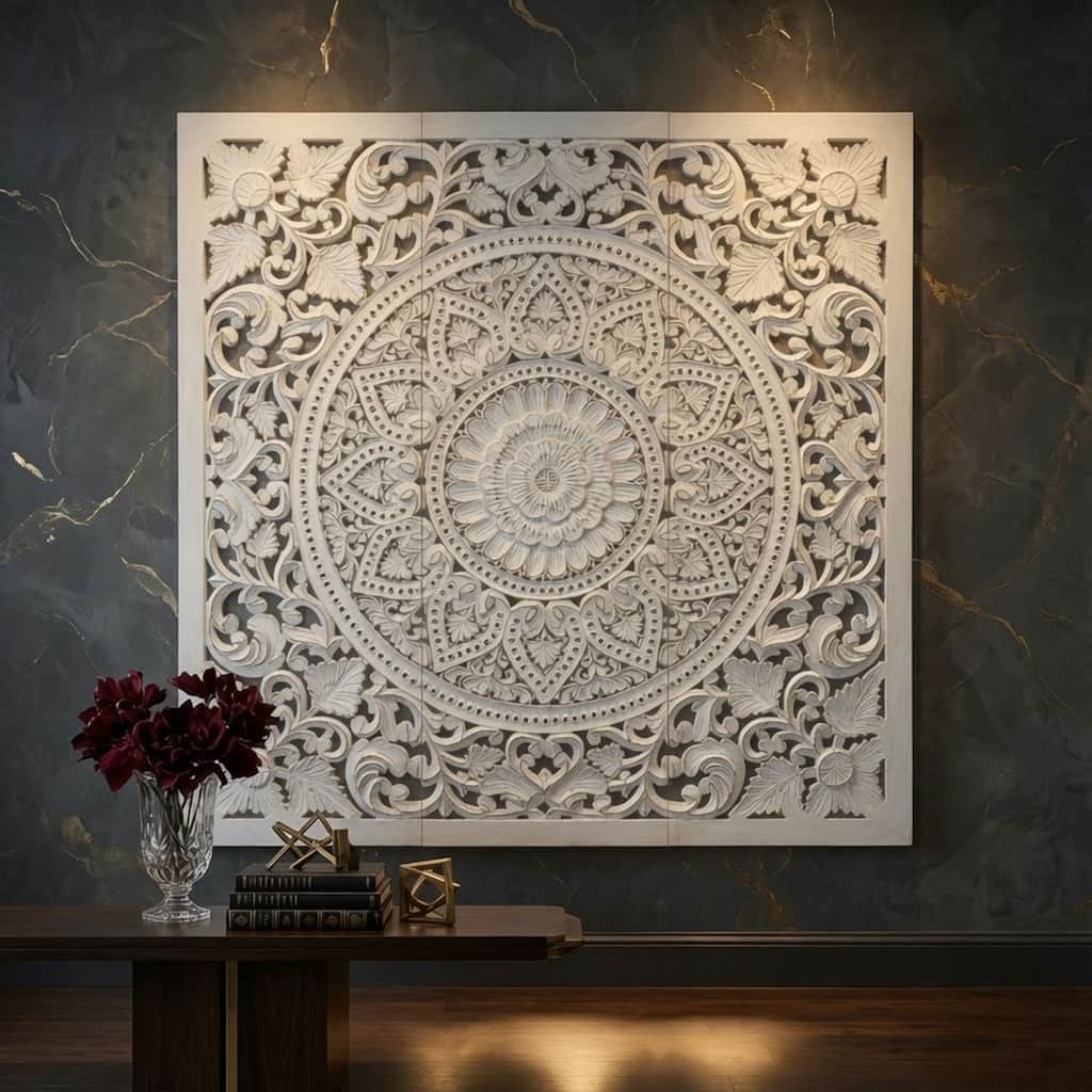 The Urban Port Antique Finish 3pc Wood Wall Panel Set, Floral Carving