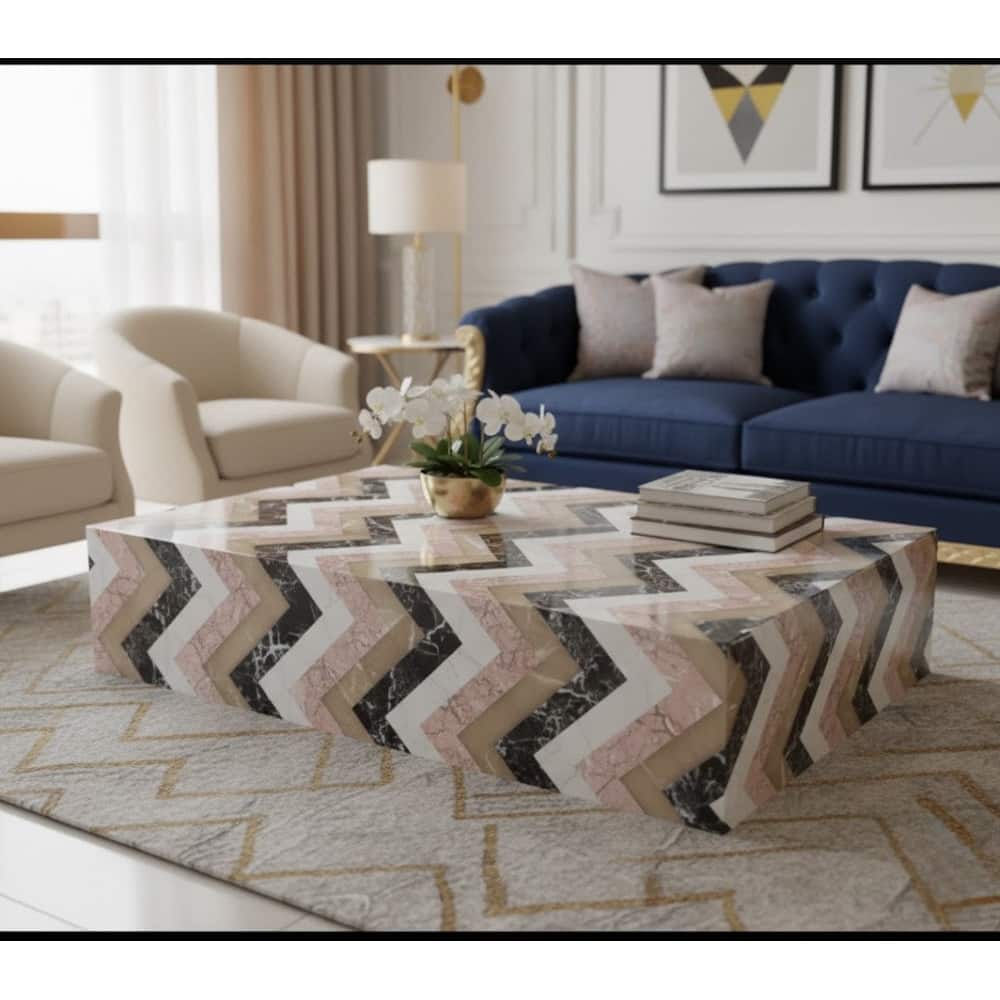 Genuine Marble Block Coffee Table - Herringbone Pattern Marble, 54" Extra Large