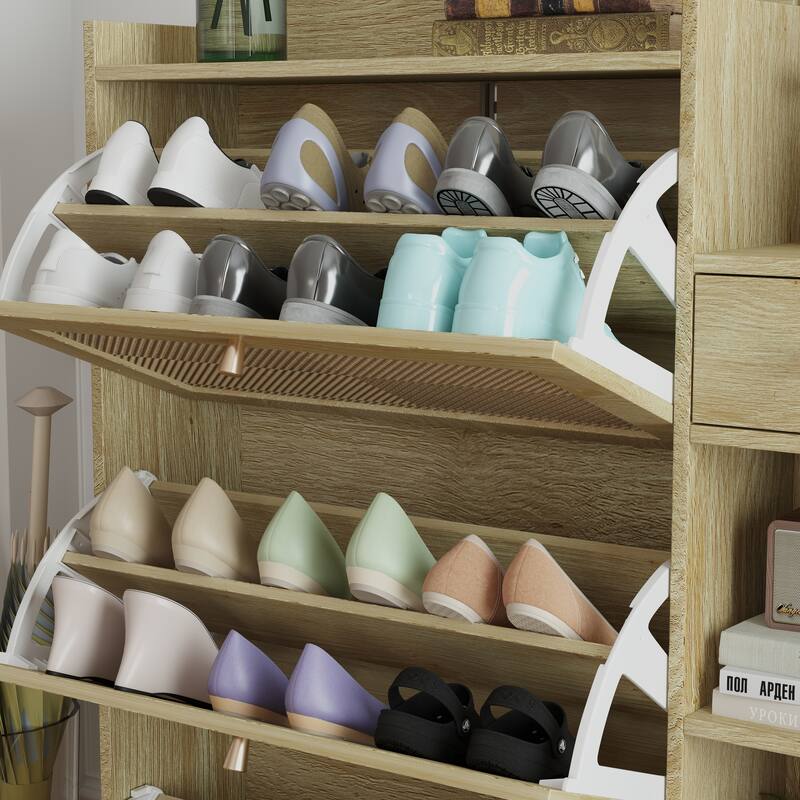 Freestanding Shoe Storage Cabinet, Narrow Hidden Shoe Rack with 3 Rattan Flip Drawers, 3 Square Shelves & 1 Storage Drawer