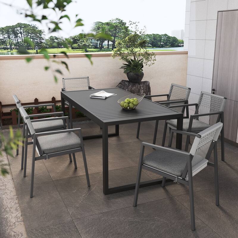 7-Pcs Outdoor Dining Set, Patio Funiture Set with 1 Aluminum Dining Table and Aluminum Dining Chairs with Woven Rope - Black+Grey