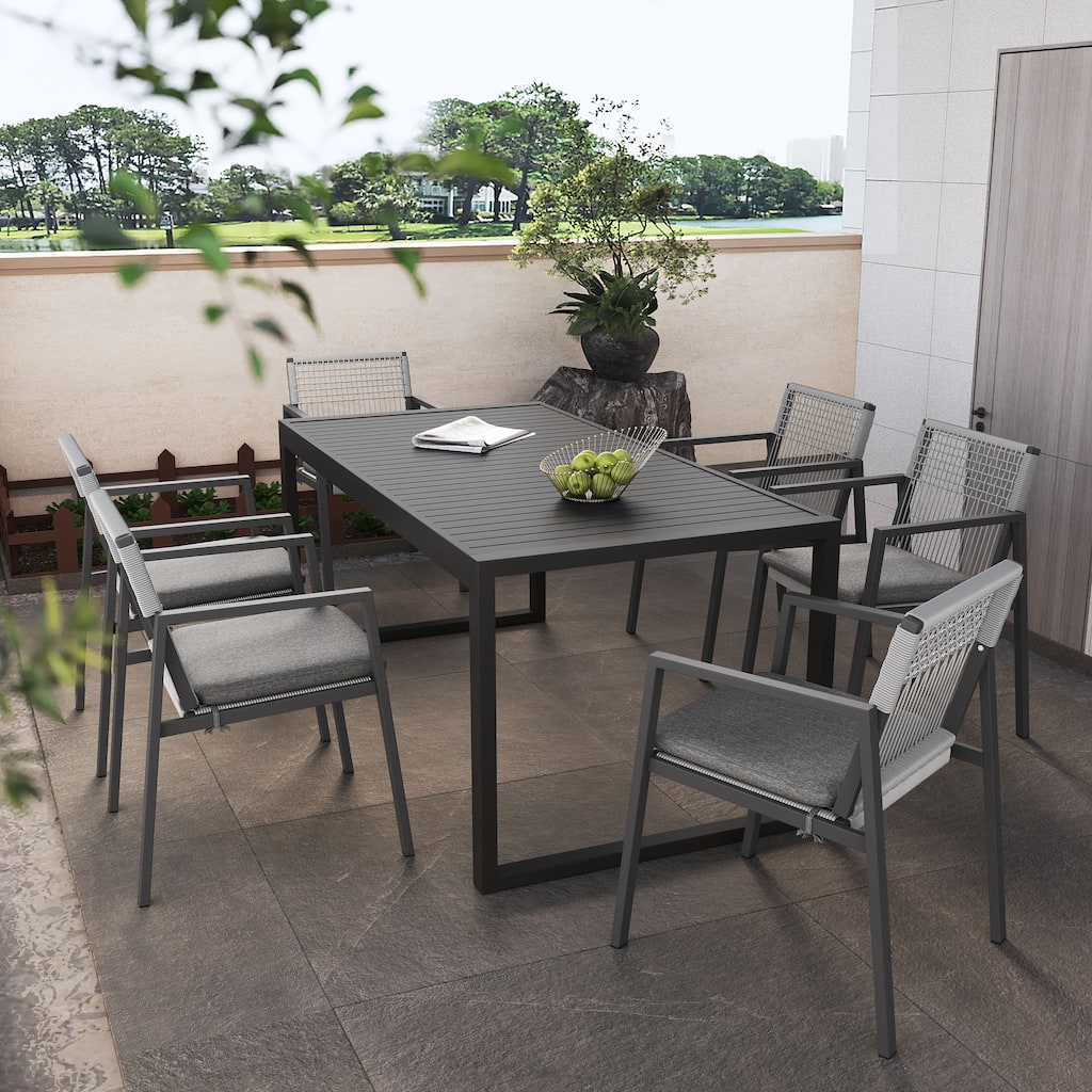 Roomfitters Outdoor Dining Set 7 Piece Aluminum Table Rope Woven Chairs U-Legs, Grey Black