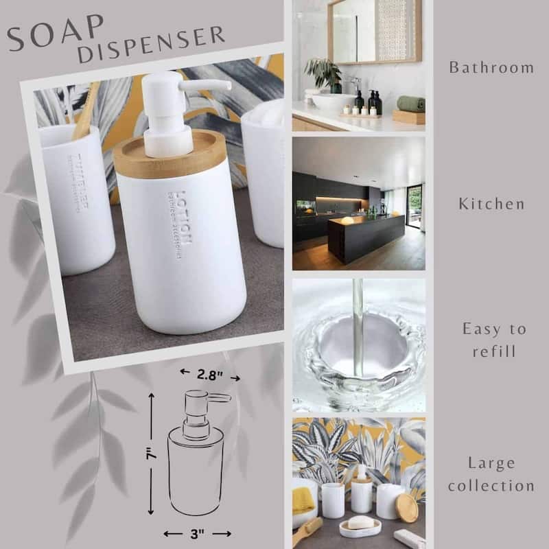 Elegant Soap Dispenser - Polyresin and Bamboo Design, Refillable Liquid Pump - 3 L x 3 W X 7 h