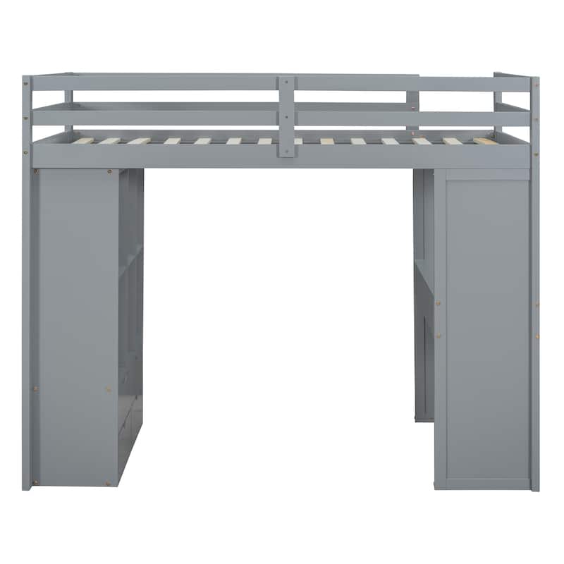 Twin Size Solid Wood Loft Bed with large shelves, writing desk and LED Light for Bedroom